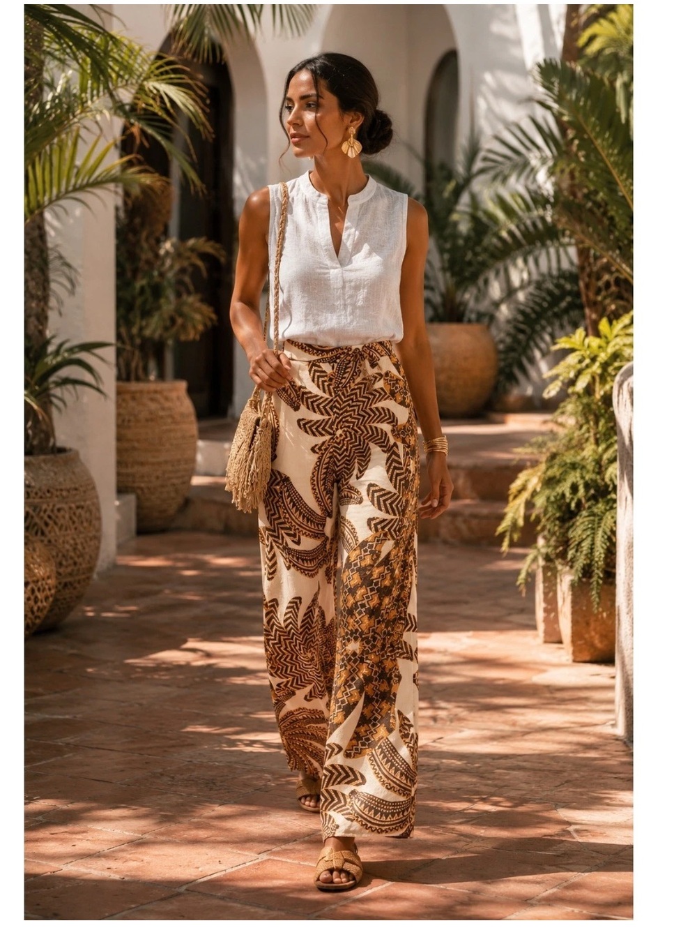 Farm Rio Yawanawa Banana Leaves Wide Leg Tropical Resort Wear Pants Cream Size L